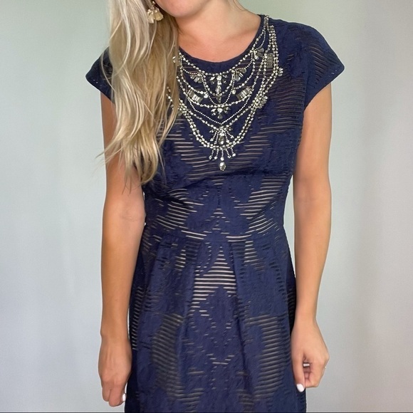 Lela Rose Navy Blue Jeweled Neck Full Skirt Dress - Picture 4 of 16